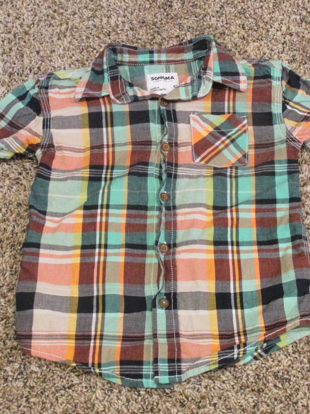 Sonoma Button Up Dress Shirt Boys Size 5 Green Plaid Short Sleeve Collared Top